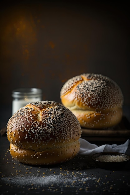 Fresh homemade brioche buns with sesame seed topping Illustration AI Generative