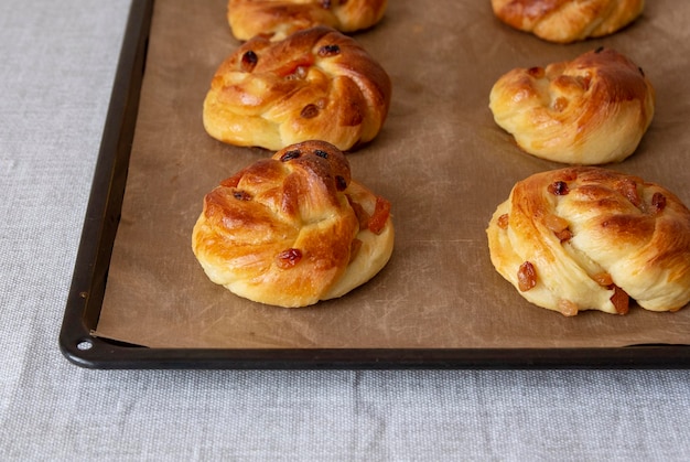 Fresh homemade buns with dried apricots and raisins on a baking sheet Side view selective focus