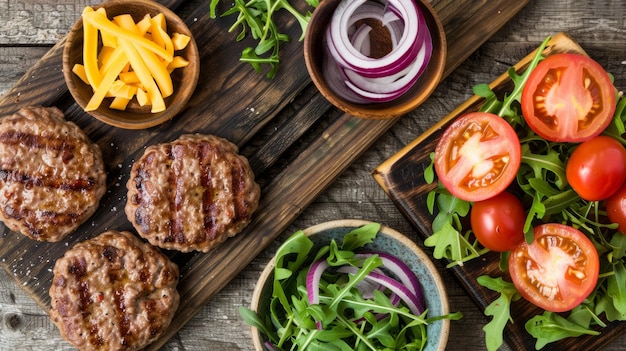 Fresh homemade burger ingredients on wooden background