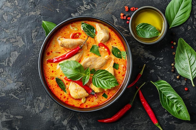 Fresh homemade chicken curry with chilly in vintage ceramic bowl