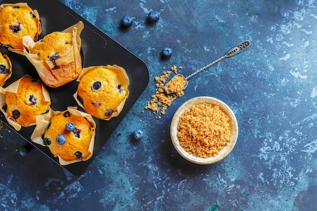 Fresh homemade delicious blueberry muffins.