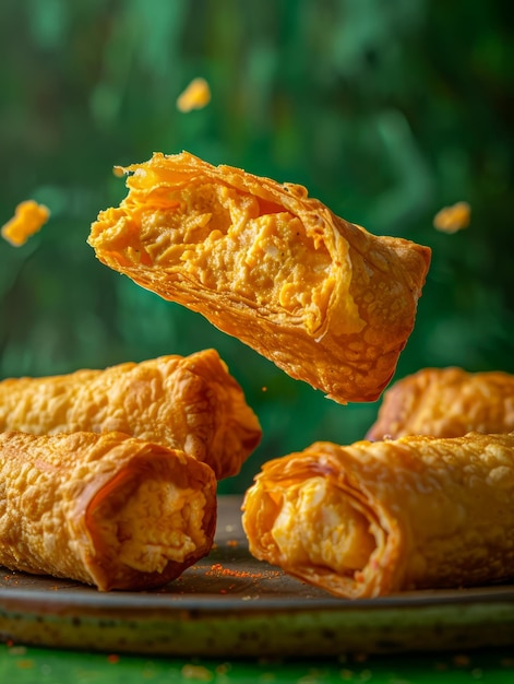 Fresh Homemade Golden Puff Pastries Levitating Against Green Backdrop with Crispy Layers Visible