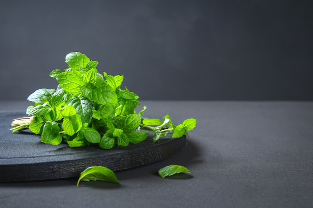 Fresh homemade green peppermint on a gray dark concrete table.