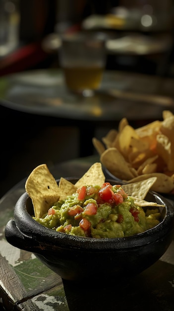 Fresh Homemade Guacamole with Tortilla Chips in Rustic Bowl