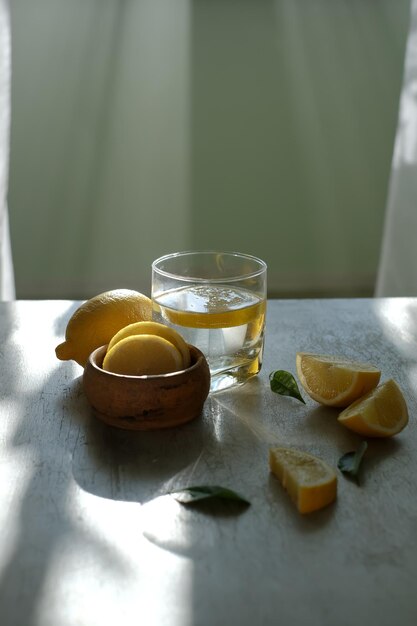 Fresh homemade lemonade or lemon water