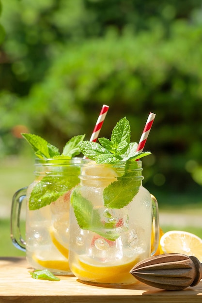 Fresh homemade lemonade with lemon and mint