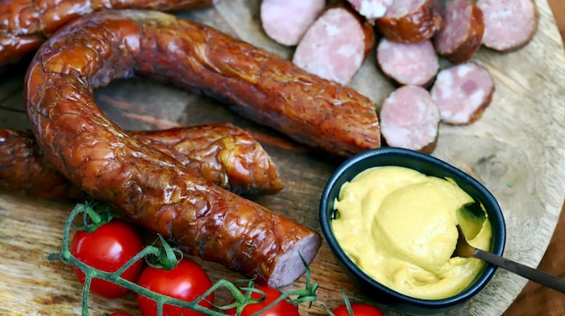 Fresh homemade sausages on a wooden tray