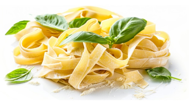 Fresh homemade tagliatelle pasta with basil and parmesan on white background