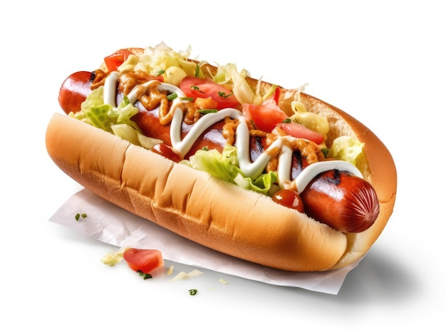 Fresh hot dog with sauces mayonnaise ketchup and mustard and cabbage isolated on a white background