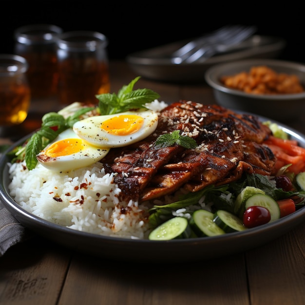 Fresh Hot Nasi Lemak Rice and Meat