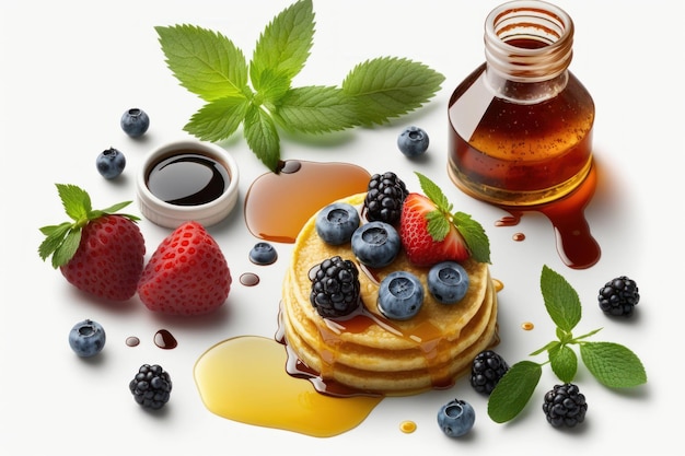 Fresh hot pancakes with strawberries blueberries and syrup Illustration AI Generative