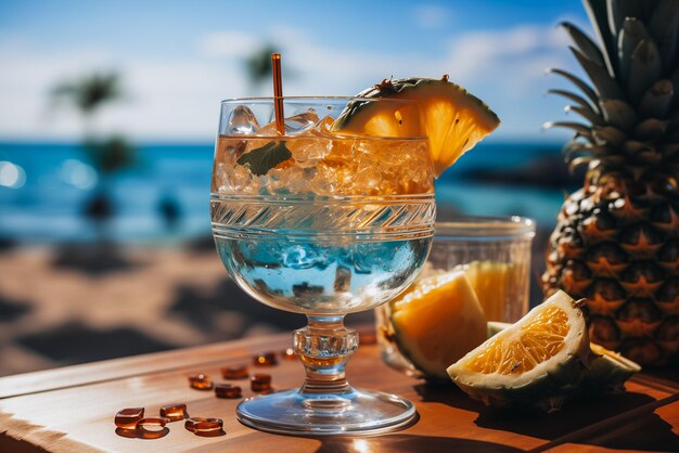 Fresh iced cocktail with a pineapple Glass with alcohol drink on a blue ocean background