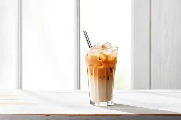 Fresh iced latte coffee on white wooden table Summer drink