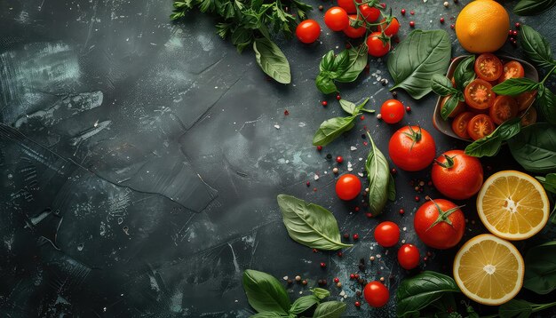 Fresh ingredients for cooking on dark rustic background top view Copy space for text