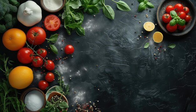 Fresh ingredients for cooking on dark rustic background top view Copy space for text