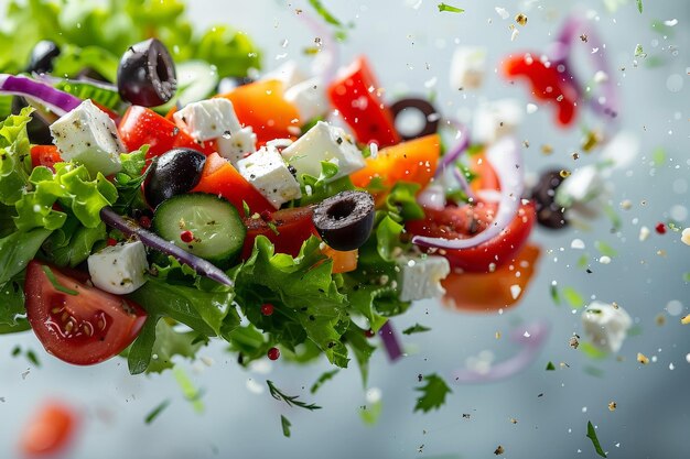 Photo fresh ingredients of a greek salad are flying in the air against a grey background