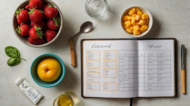 Photo fresh ingredients healthy meal planning wooden table notepad top view food vegetables fruits