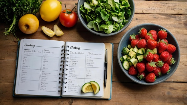 fresh ingredients healthy meal planning wooden table notepad top view food vegetables fruits