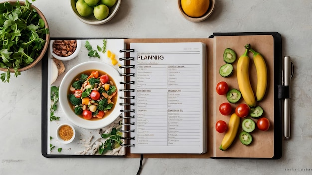 fresh ingredients healthy meal planning wooden table notepad top view food vegetables fruits