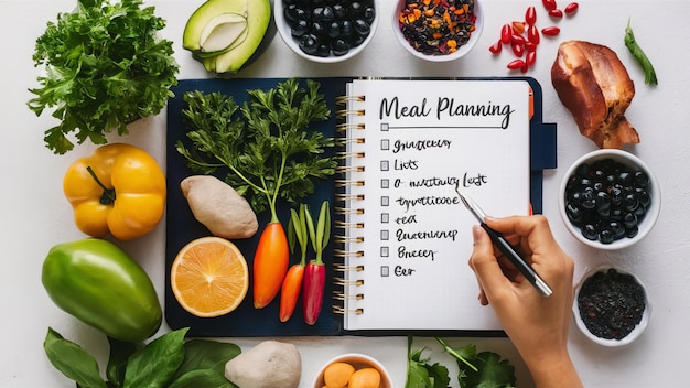 fresh ingredients healthy meal planning wooden table notepad top view food vegetables fruits