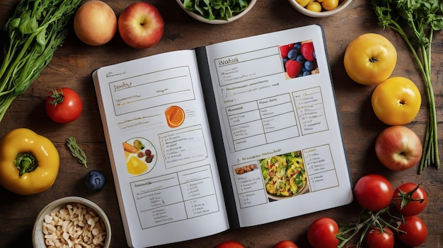 Photo fresh ingredients healthy meal planning wooden table notepad top view food vegetables fruits