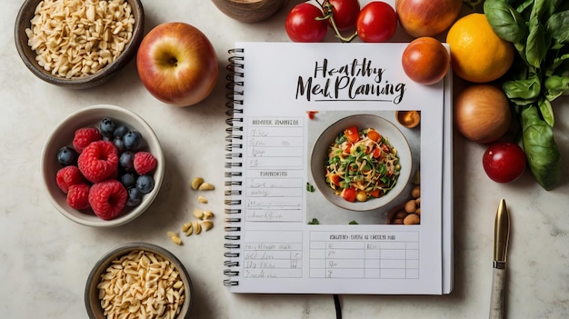 fresh ingredients healthy meal planning wooden table notepad top view food vegetables fruits