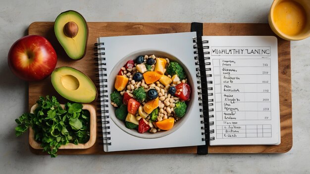 fresh ingredients healthy meal planning wooden table notepad top view food vegetables fruits