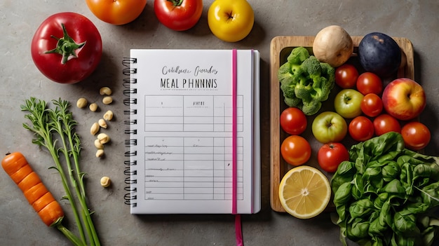 fresh ingredients healthy meal planning wooden table notepad top view food vegetables fruits