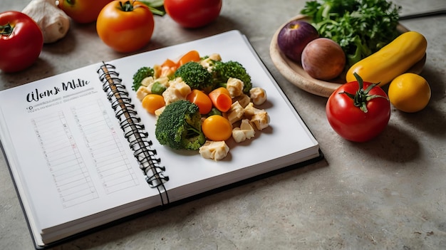 fresh ingredients healthy meal planning wooden table notepad top view food vegetables fruits