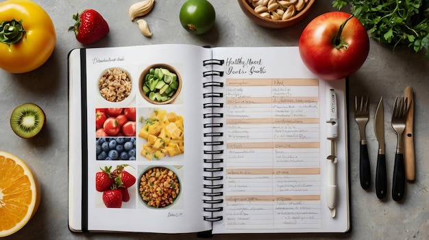 fresh ingredients healthy meal planning wooden table notepad top view food vegetables fruits