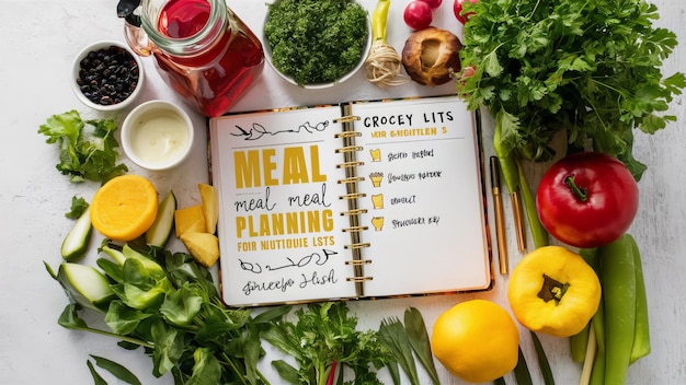 Photo fresh ingredients healthy meal planning wooden table notepad top view food vegetables fruits