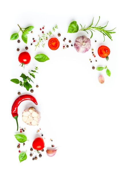 Fresh ingredients for italian tomato sauce as a border on the white background. Copy space for menu or cook book