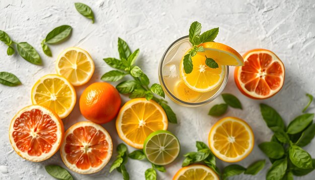 Fresh ingredients for making cold summer citrus cocktail Top view with copy space isolated with