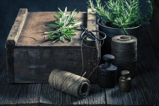 Fresh and intensive green herbs on a wooden box