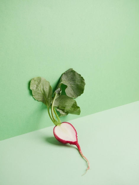 A fresh irregularly shaped radish cut in half lengthwise with its green leaves resting on a green wall Concept tiredness