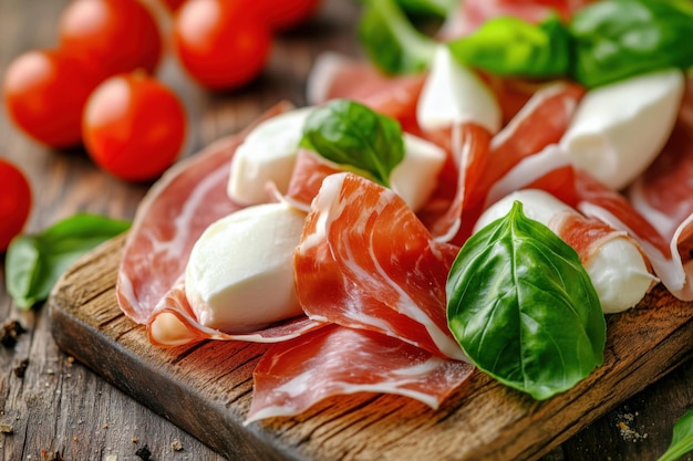 Fresh Italian Antipasto Platter Prosciutto Mozzarella Basil Rustic Wooden Board