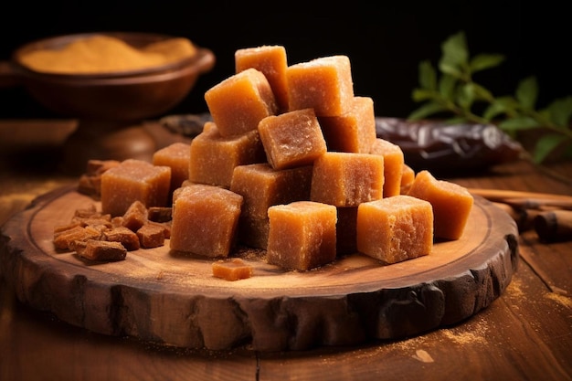 Fresh jaggery cubes on a wooden board yummy delicious jaggery food image photography