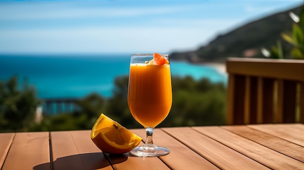 fresh juice cocktail on the wooden table there is a sea