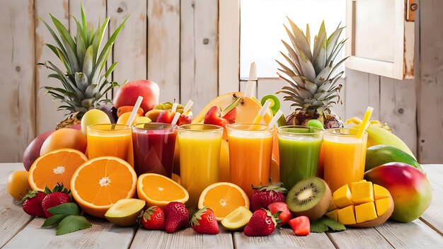 Fresh juice mix fruit healthy drinks on wooden table