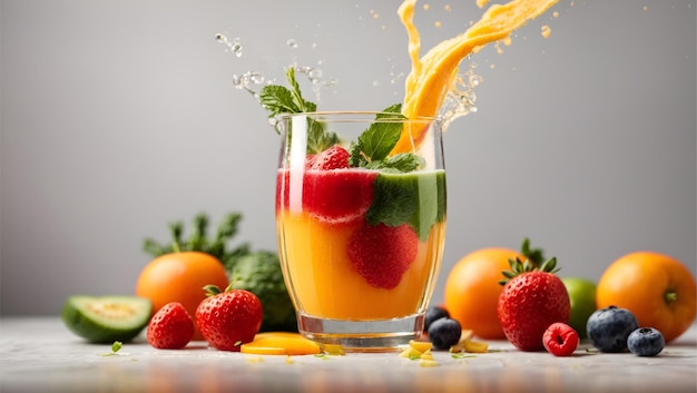 Fresh juice pours from fruit and vegetables into the glass isolated on white background Ai Generated