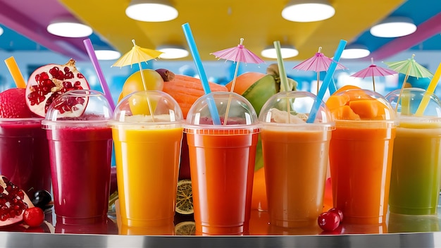 Fresh juices assortment of colored fruit juices to take away in a plastic glass