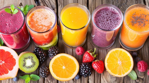 Photo fresh juices or smoothies arranged on a wooden desk with assorted fruits placed nearby creating an inviting scene of health and refreshment