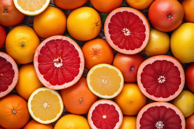 Fresh juicy citrus fruits as background top view