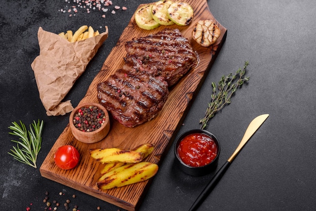 Fresh juicy delicious beef steak on wooden table. Meat dish with spices and herbs