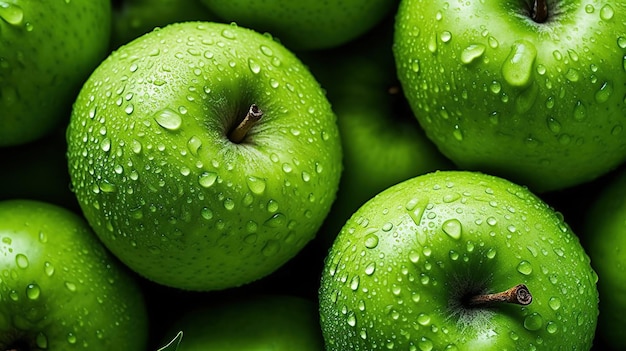 Fresh and juicy green apples Background on the desktop Closeup food photography