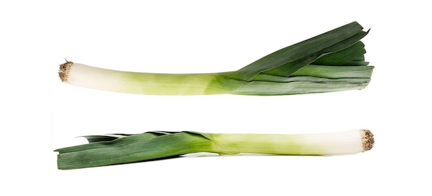 Fresh juicy leek Set of images Vitamins and healthy food Isolated on white background