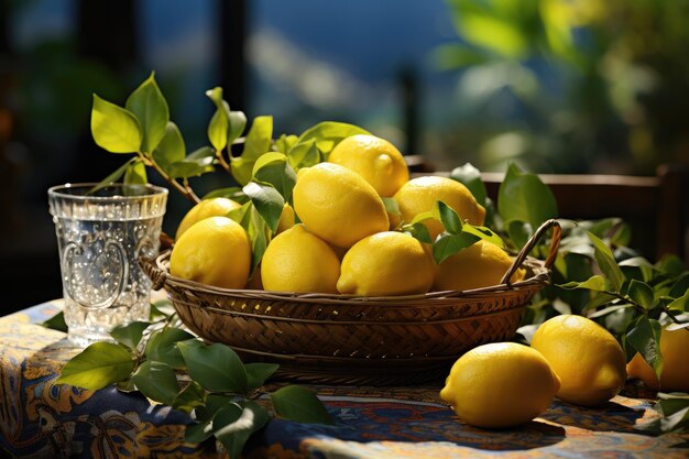 Fresh juicy lemons in a wicker basket