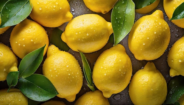 Fresh and juicy lemons with leaves water droplets Tasty and sweet citrus fruits