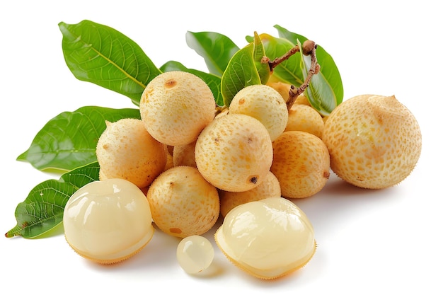 Fresh and Juicy Longan Fruit with Leaves Isolated on White Background