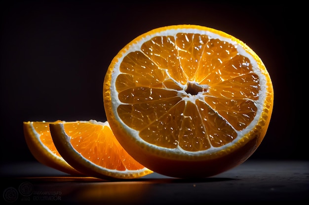 Fresh juicy orange slices closeup on black backgroundgenerative ai